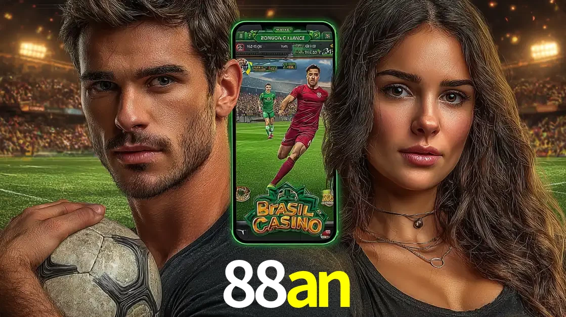 Homem segurando uma bola de futebol e uma mulher ao lado de um smartphone exibindo o jogo de apostas esportivas da 88an. Faça seu palpite no cassino online.